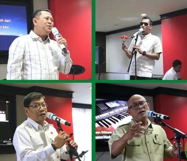 Foto : Wakil Ketua DPRD Kaltim Sigit Wibowo (kiri, atas) dan M Ramadhan (kiri, bawah unjuk kebolehan tarik suara pada acara lomba HUT Pemprov Kaltim).