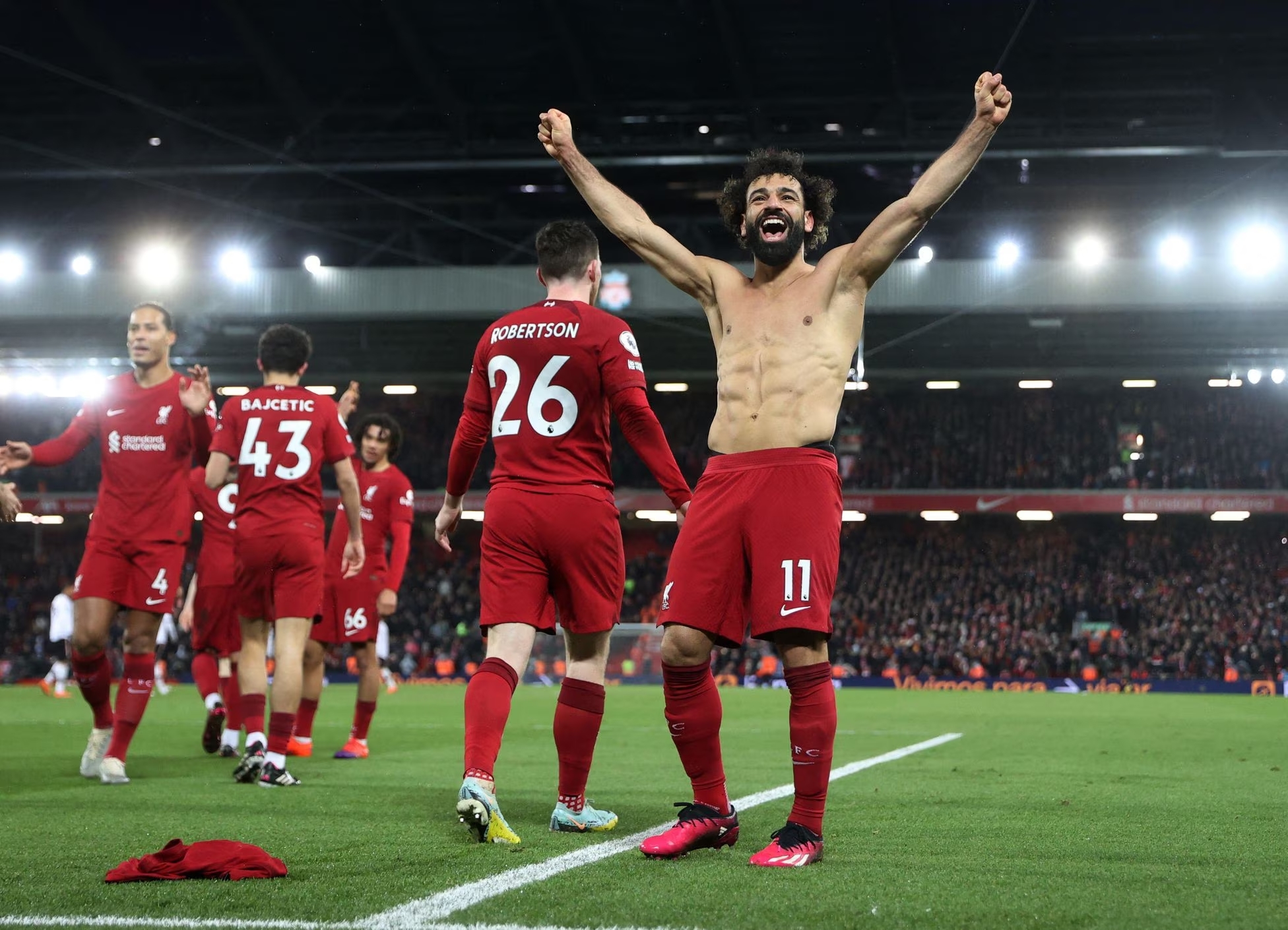 FOTO : Pemain Liverpool merayakan gol saat membantai Manchester United dalam laga lanjutan Premier League 2022/23. (Twitter/@LFC)